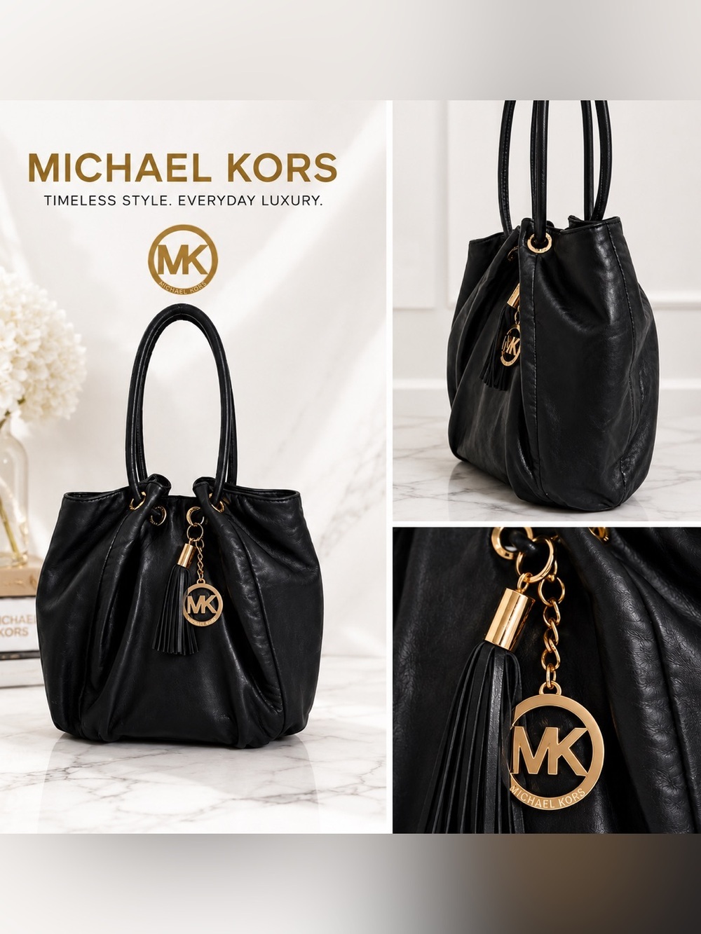 Michael Kors Black Leather Shoulder Tote Bag Gold MK Charming